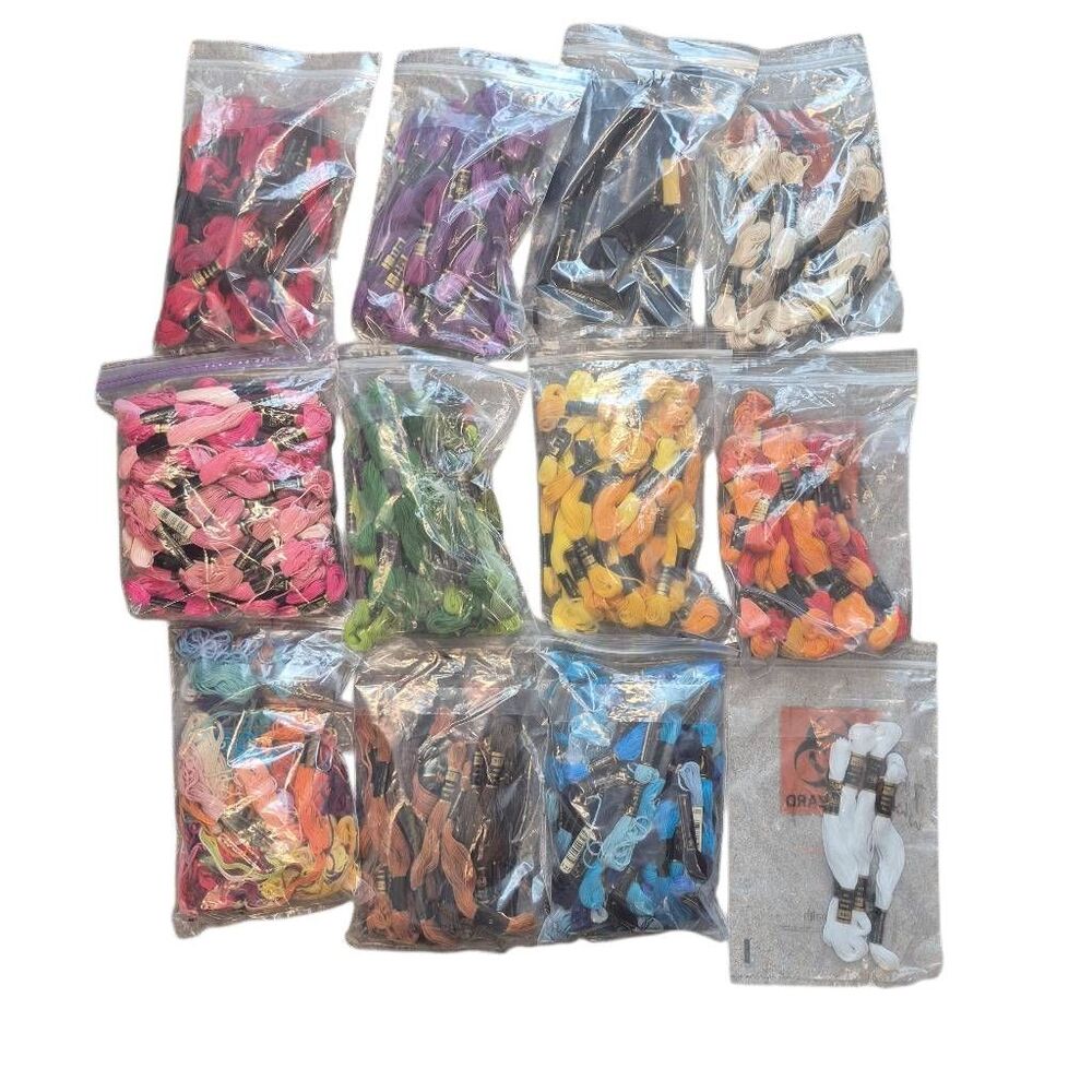 307+ DMC Embroidery Floss Lot, Crochet Thread, Bobbins & Buttons with Storage Bo